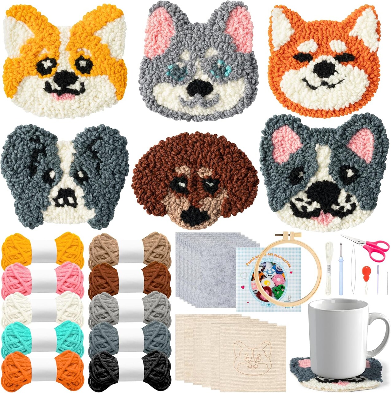 Puppy Punch Needle Coaster Kit - 6 Patterns Dog Punch Needle Embroidery Craft Kit, DIY Felting Coaster for Adults Beginners with Adhesive Yarns Fabric Felt Hoop Tools Instruction